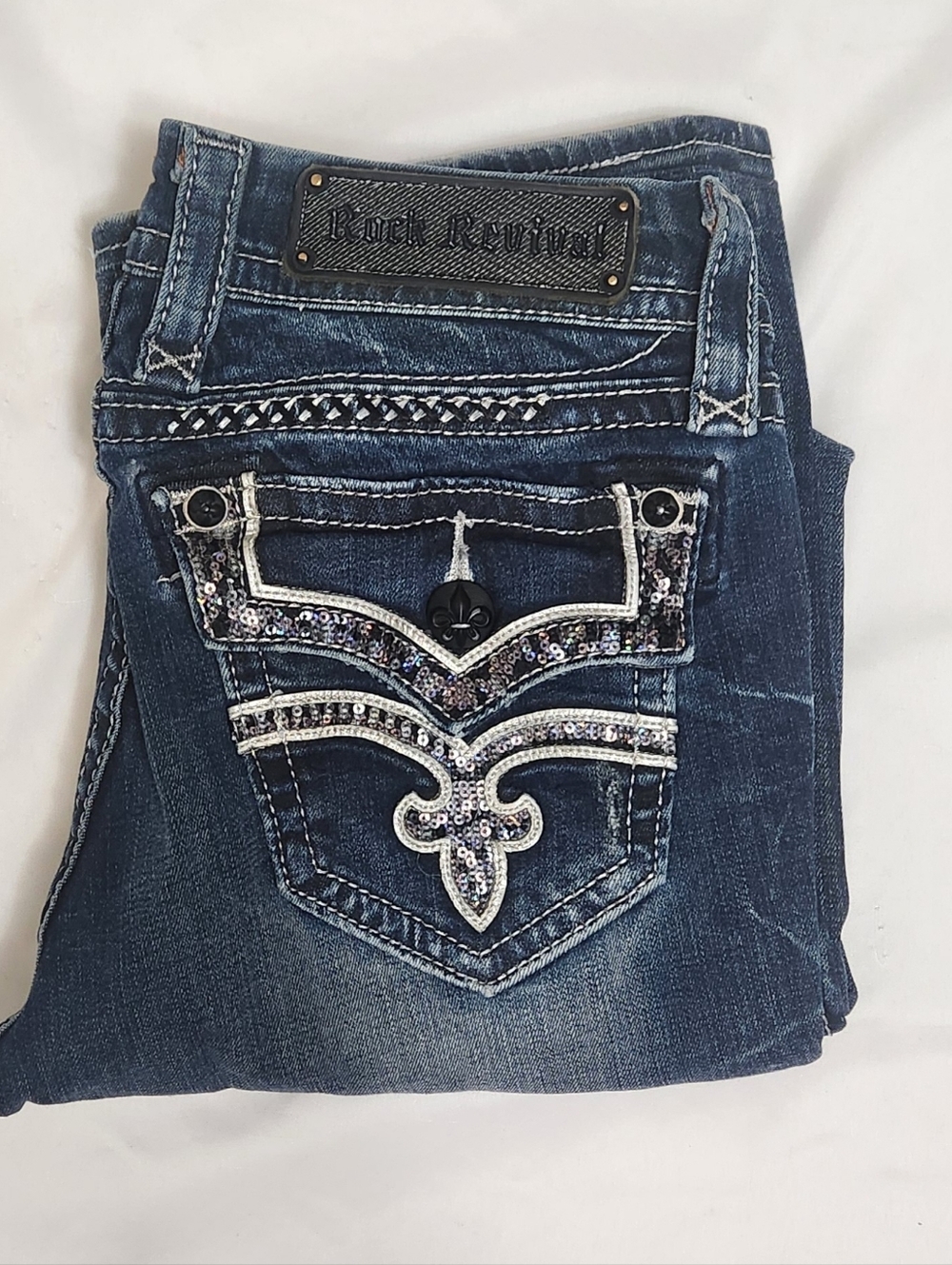 Rock Revival Essie B19 Bootcut Jeans 27x30 Embellished Sequin Pocket McBling Y2K